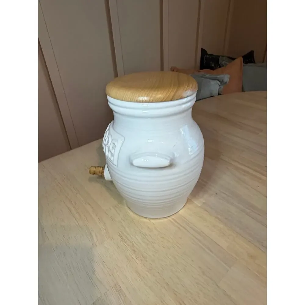 Revol France White Porcelain Vinaigre Vinegar Crock Dispenser Wooden Lid
